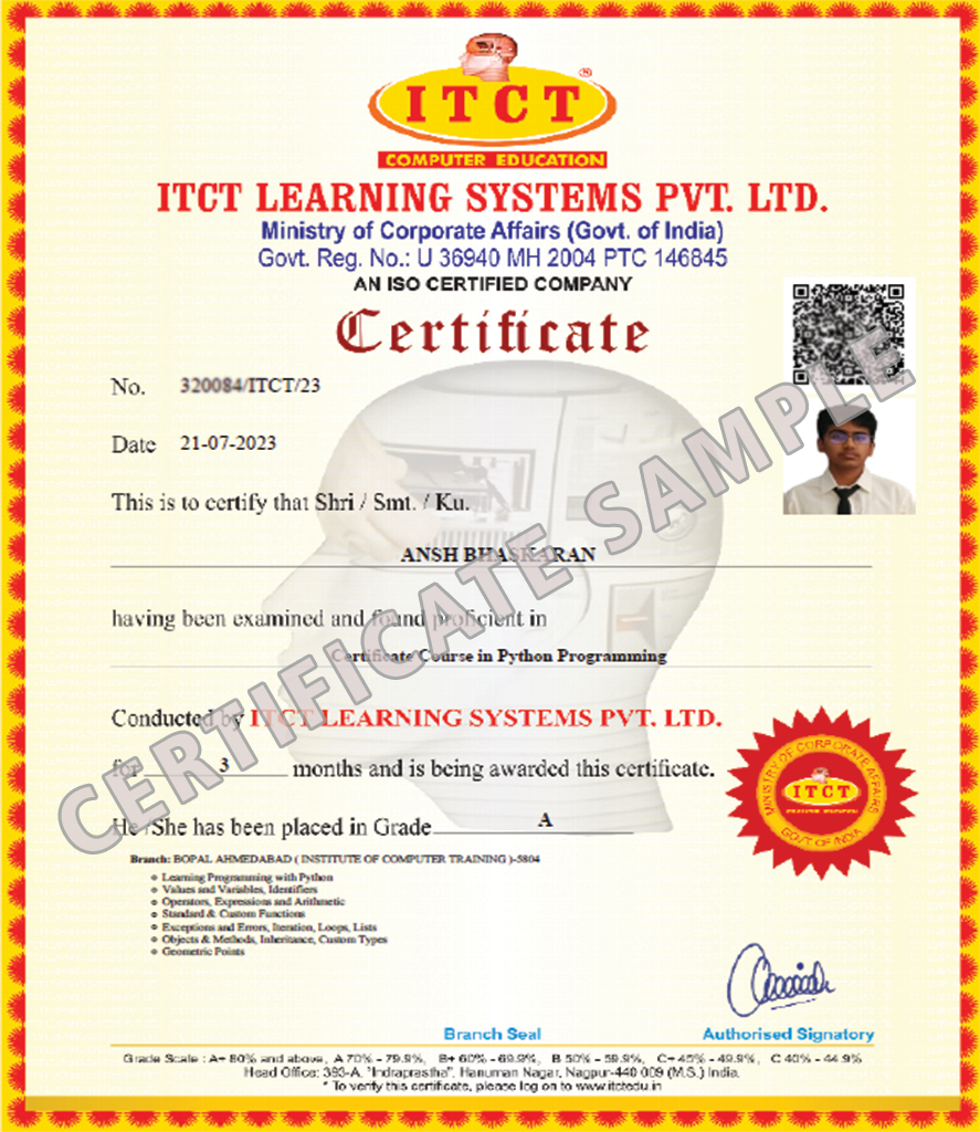 ITCT Sample Certificate by ICT Bopal Ahmedabad